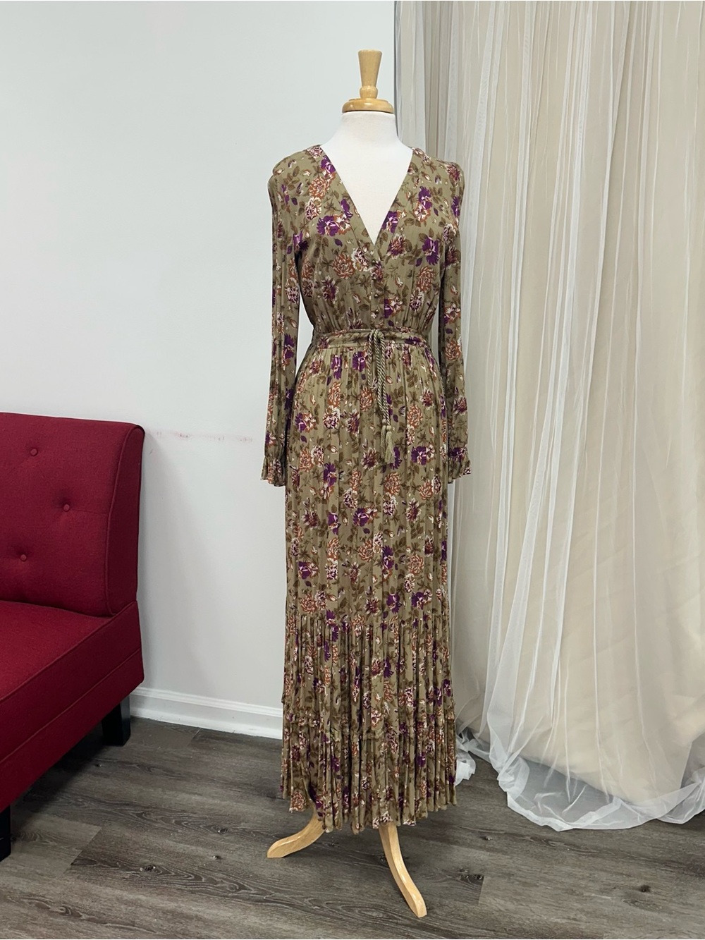 Khaki Olive Floral Long Sleeve Fall Festival Brunch Boho Maxi Dress